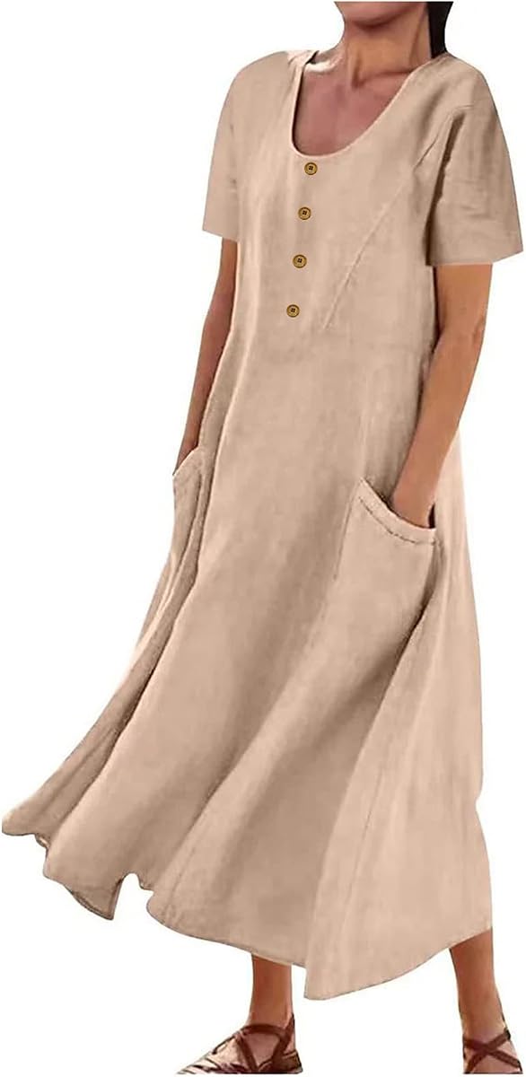 Swing Dresses for Women 2024 Summer Casual Short Sleeve Cotton Linen Dress Loose Ruffle Flowy Maxi Dress with Pockets