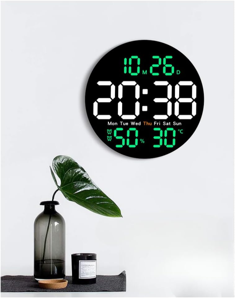 【TRENIE】 ファッション配色 大数字 壁掛け式多機能 LED 時計 見やすい 静音 光感調節 正逆タイマー 温度湿度日付 US