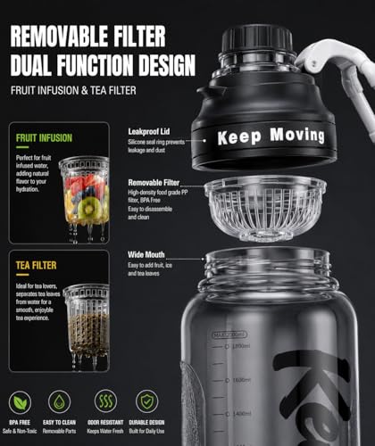 Image of 2 Liters Large Water Bottle With Straw & Handle, Sport Canteen Bottle With Time Marking, Leakproof Gym Water Bottle For Women & Men - Multicolor - Plastic (Light Black)