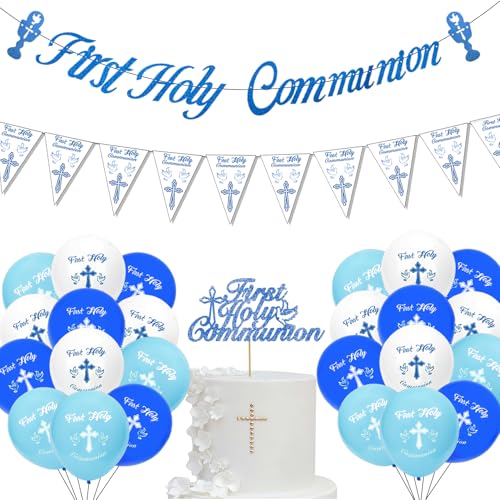 First Holy Communion Decorations for Boys Confirmation Banner Balloons and Cake Topper for First Communion Christening