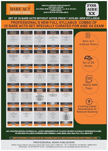 PROFESSIONAL'S AIBE Exam 25 Bare Acts Set without Notes as per Ne...