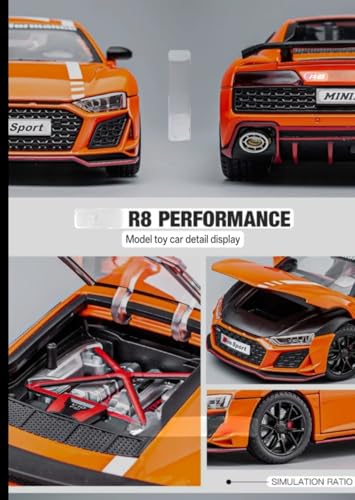 Image of Scale Exclusive Alloy Metal Pull Back | Die-cast Car Model with Sound Light Mini Auto Toy for Kids Metal Model Toy Car with Sound and Light (1.24 Scale -DC AODI R8 V10-ORANGE)