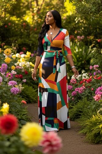 Image of FANDEE Plus Size Maxi Dress for Women Casual Summer Sundress V-Neck 3 /4 Sleeve