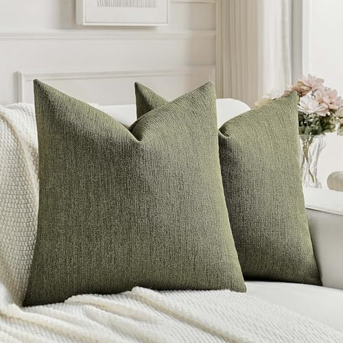 FUTEI Moss Green Chenille Decorative Throw Pillow Covers 26x26 Inch Set of 2,Soft Cozy Faux Linen Textured Euro Pillow Shams,Farmhouse Home Decor for Couch Living Room