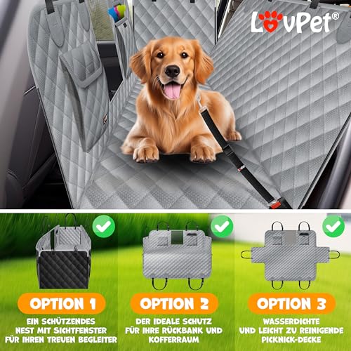 Lovpet® 2in1 Hundedecke für Auto Rückbank & Kofferraum mit Seitenschutz und Sichtfenster Kofferraumschutz - Wasserabweisende Hunde Autoschondecke Universal Autodecke Rücksitz Inkl. Zubehör, Grau