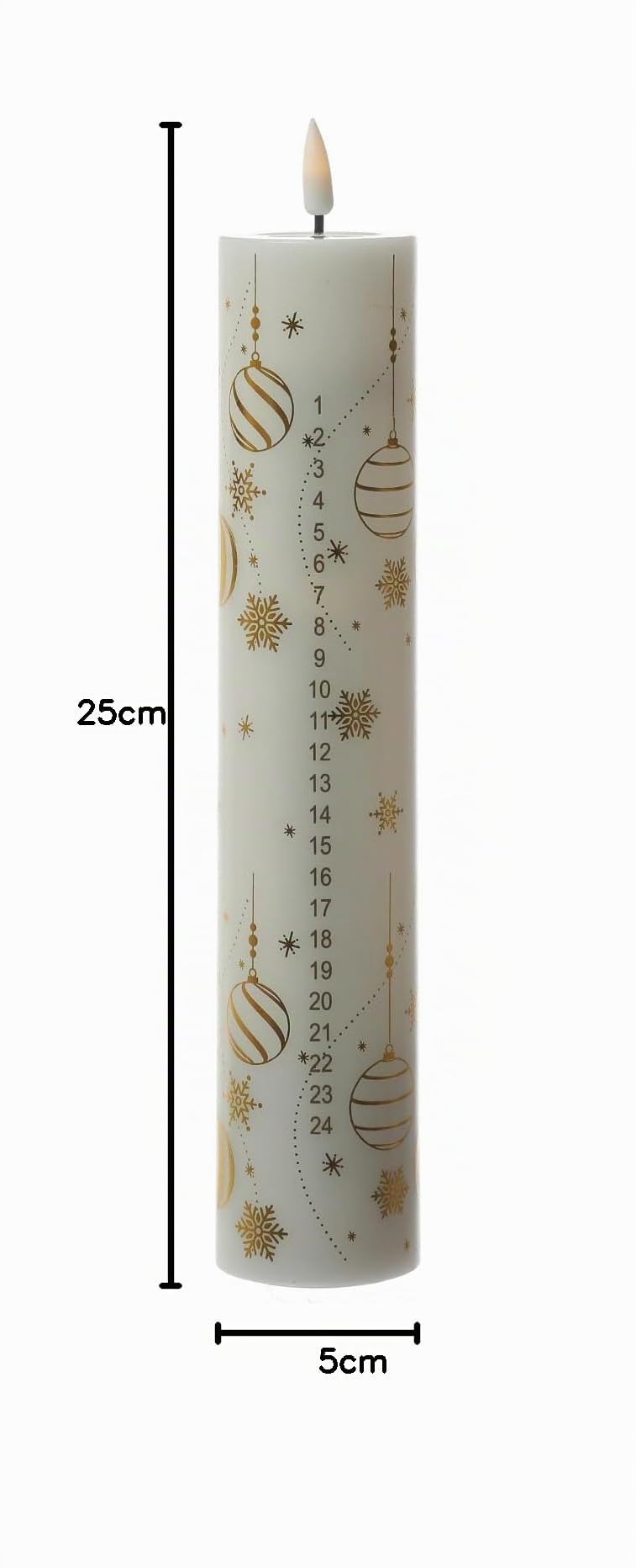 MARELIDA LED Adventskalenderkerze mit 24 Zahlen Deluxe Homeart Weihnachtskerze mit Fernbedienung und Batterien H: 25cm Echtwachs Adventskerze Kalenderkerze (weiß/gold)