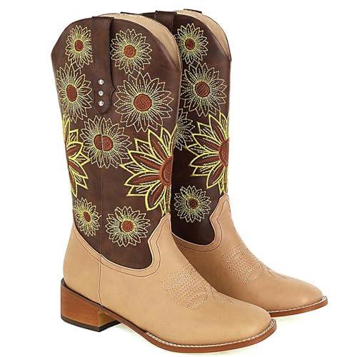 レトロウエスタンカウボーイ太陽の花縫製花刺繍ブーツ女性の