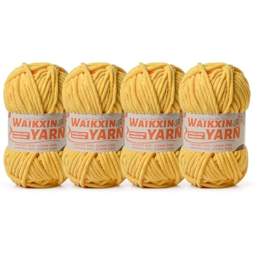 Image of (4 Light Yellow) 4 Pack Super Soft Fuzzy Chenille Chunky Yarn for Crocheting, 400g (350yds) Velvet Fluffy Amigurumi Yarn for Hand Knitting Baby Blankets Weaving Craft