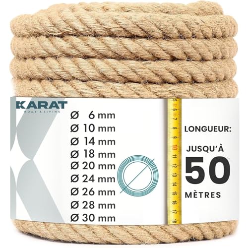KARAT - Corde en Jute Torsadée - 100% Naturelle et Extra Solide - Idéale pour l'escalade, Le Sport, la Décoration de Jardin et Les Travaux Manuels -...