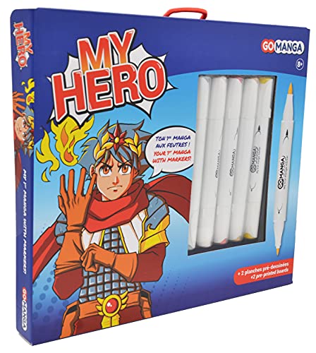 GO MANGA Manga Drawing Kit with 5 Alcohol Markers Double Tip My Hero, Paper, Max, 2 Shikishi 27 x 27 cm