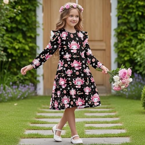 Girls Midi Dress Long Sleeve Dresses Ruffled Sleeve Dresses for Fall Winter 3-14Y4