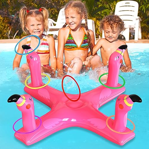 Inflatable Pool Ring Toss Games With 6 Rings, Flamingo Shark Pool Ring Toss Game Summer Pool Toys Party Games For Kids And Adults #TOP5