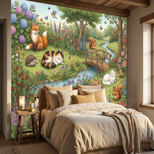 Papier peint animaux de la forêt panoramique 3D WunM Studio renard vert sauge 184x127cm