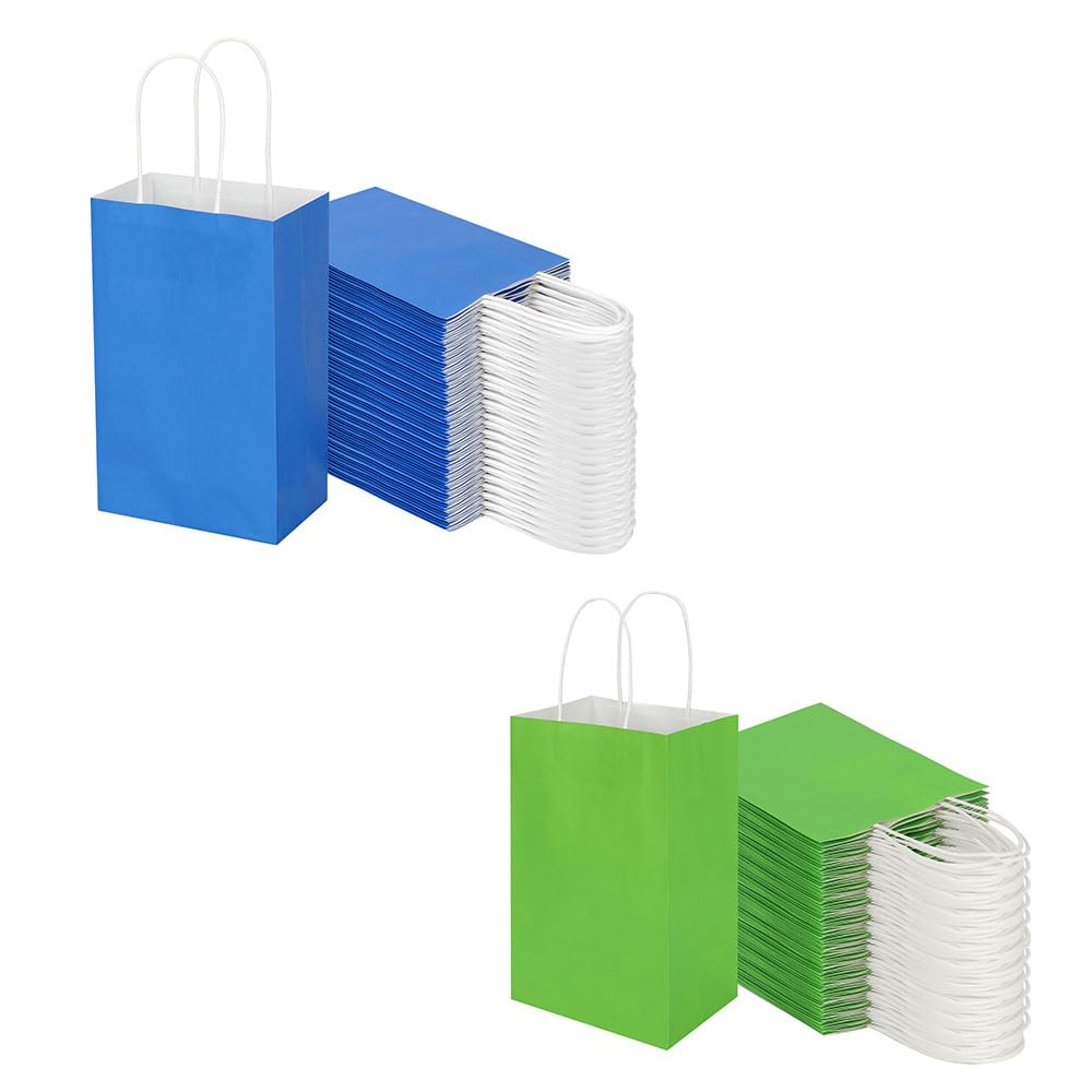 Toovip Each 100 Pack Small Blue & Green Kraft Paper Gift Wrap Bags with Handles Bulk