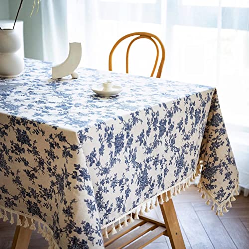 Yuurainvuvu French Vintage Blue Rose Floral Cotton Linen Fabric, Stitching Tassel Rectangle Tablecloth For Kitchen thumb #4
