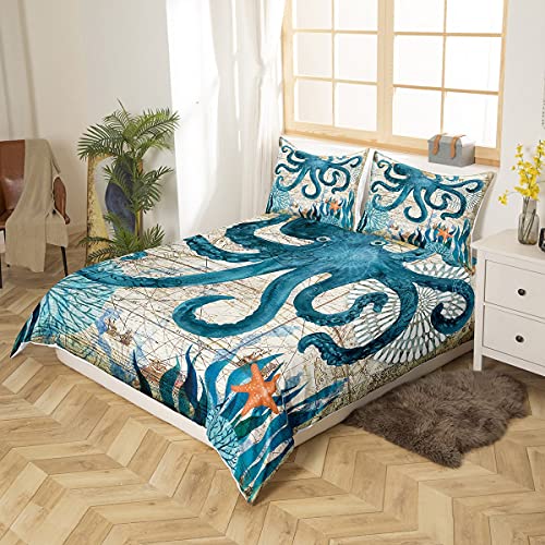 Octopus Duvet Cover Set King Size 3D Octopus Printed Decorative Bedding Marine Mediterranean Style Quilt Cover Teal Ocean Animal Bedding Sets Ocean Park Theme Comforter Cover Kids Adult Teens #TOP1