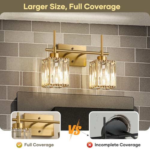 Image of Torondo Modern Crystal Bathroom Vanity Light 2-Lights Brushed Gold Bathroom Light Fixtures Over Mirror Brushed Gold Vanity Lighting Fixtures Square Shade Wall Sconce (Bulbs Not Include)