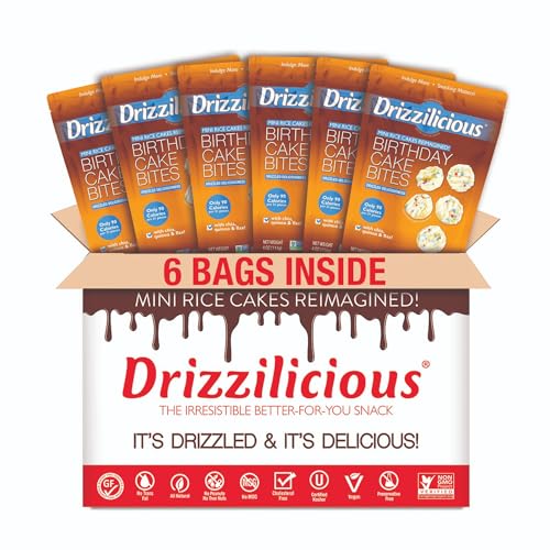 Drizzilicious Mini Rice Cakes Birthday Cake - Rice Crisps, Healthy Snack for Adults and Kids, Flavored Rice Cakes, Vegan, Gluten Free, Allergen Free, Only 90 Calories Per Serving - 4 oz (Pack of 6)