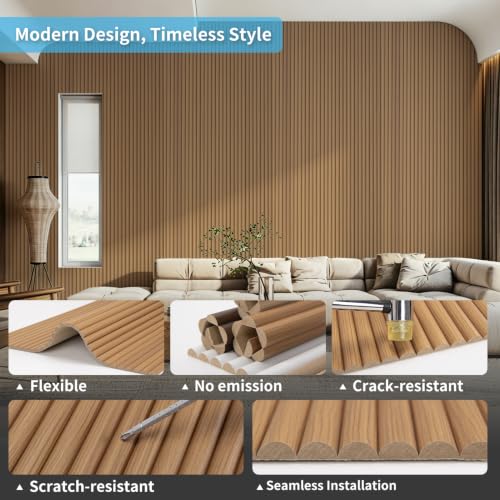 Image of Art3d Roll-Flat Beaded Wood Slat Wall Panel, 2-Pack, 94.5 x 23.6 in, Teak