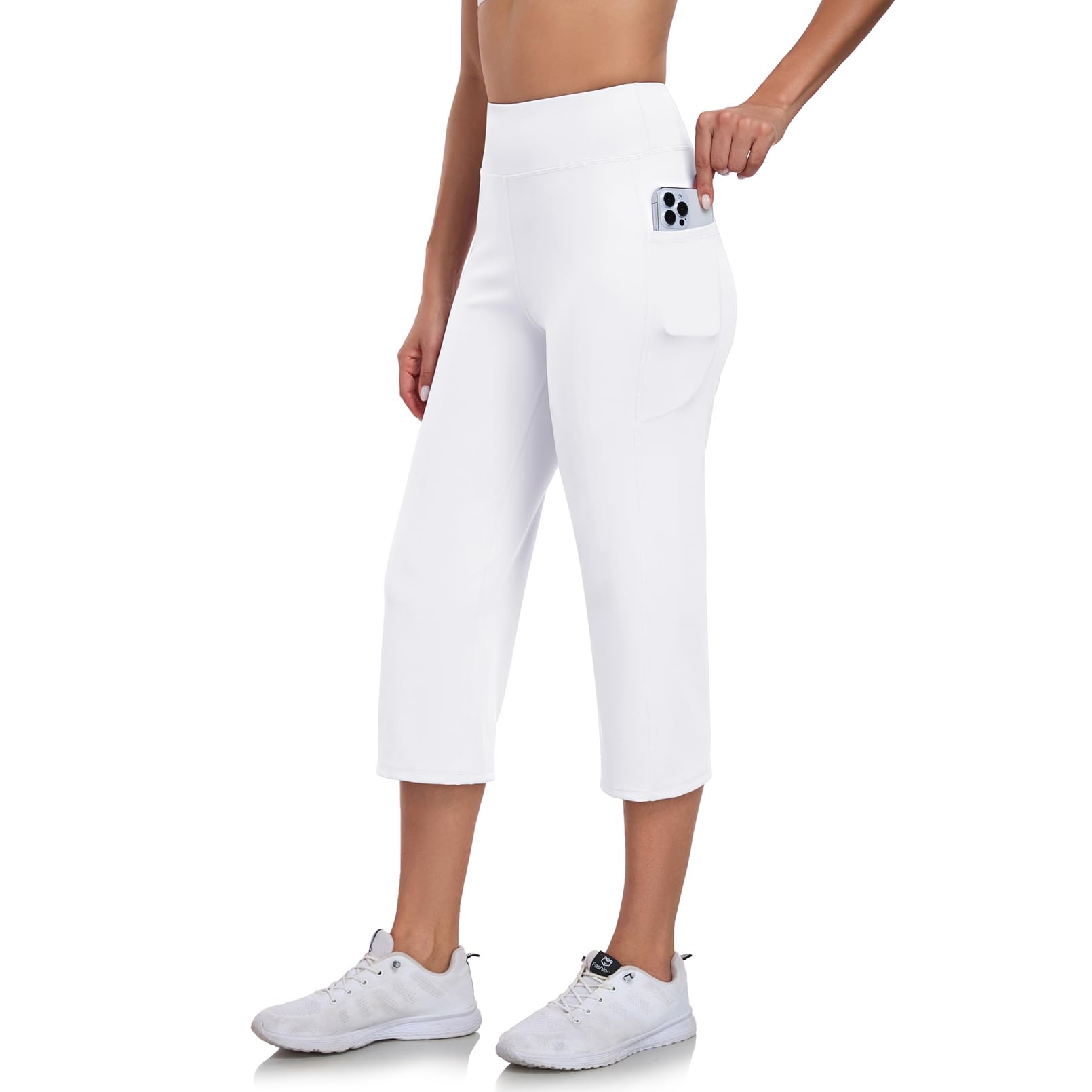 RAYPOSE Capri Yoga Pants with Pockets High Waist Workout Yoga Pants Leggings Crop Straight Pants White