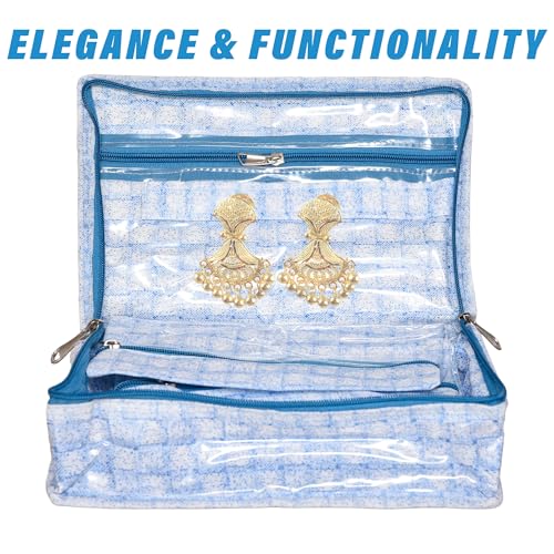 Image of Kuber Industries Makeup Storage Bag | Vanity Box for woman | Watch Organizer | Cosmetic Storage Kit | Makeup Kit with Handle | 6 Pouch Jewellery Storage Bag | Check-Design | Blue