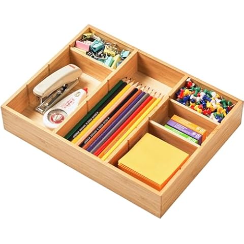 Umilife Desk Drawer Organizer, Bamboo Wood Organizer Tray with Adjustable Compartments, Office Desk Accessories Supplies Organization Storage, 12" x 9" Cover