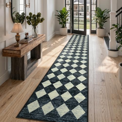 Lahome Zelie Checkered Washable 2x12 Runners for Hallways Non Slip, Black Kitchen Bathroom Runner Rugs, Modern Trellis Ultra-Thin Indoor Carpet Runner for Bedroom Dorm Classroom Decor (2'x12',Black)