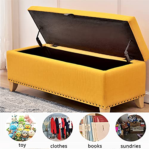 Banc de rangement moderne bleu en lin et bois massif 60cm