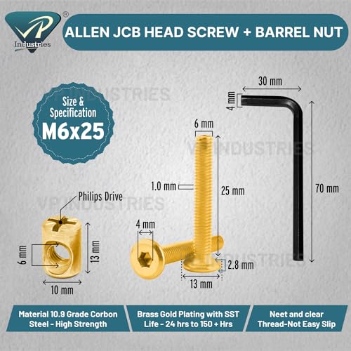 Image of Rely⇒VP INDUSTRIES (Combo Set -10 Pcs) M6x25 mm JCB Bolt with Barrel Nut Carbon Steel |Furniture Screw Fastener Bolts with Barrel Nuts Dowel Nut Connector for Joining Wood Boards, Cabinets, & Beds.