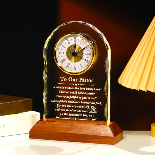 Image of Pastor Appreciation Gifts for Men Crystal Clock with Wooden Light Base