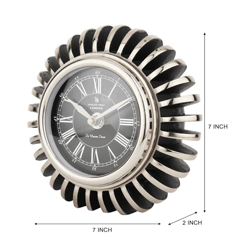 Image of Decor de Maison Brings Handcrafted Edgesculpt Table Clock for Living Room, Bedroom, Study Table, Office Desk | Classic Non-Ticking Tabletop Battery Operated Analog Desk Clock in Black (17x6x17cm)