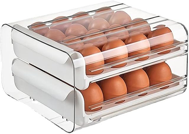 QUMENEY 32 Grid Egg Storage Box Refrigerator Drawer Type Organize Egg Container Large Capacity Clear Plastic Egg Tray Holder for Camping Space-Saving Kitchen