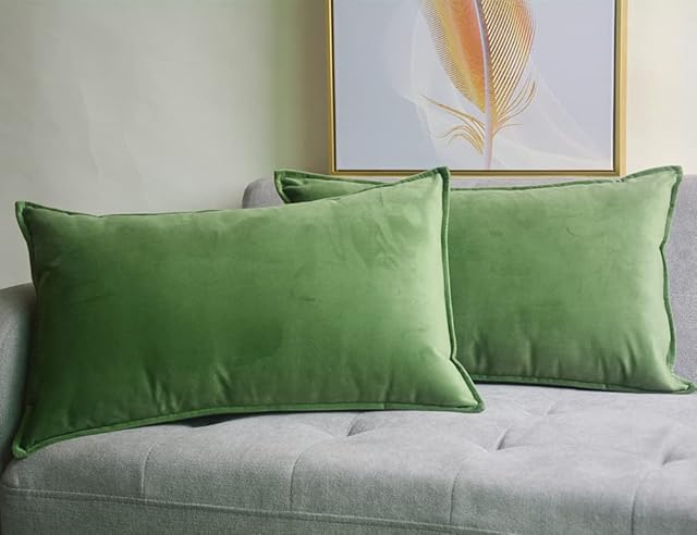 Lutanky Pack of 2 Velvet Cushion Covers Olive-Green Decorative Rectangle Throw Pillow Case Soft Flanges Pillowcases for Sofa Bedroom with Invisible Zipper 12x20 Inch 30 x 50 cm