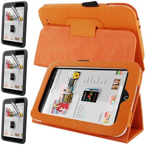Skque Branded Leather Case Cover w/Stand and 3 packs of Ultra Clear Screen Protectors for Barnes&Noble Nook HD 7-Inch Display Tablet, Orange