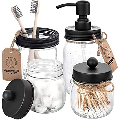 Mason Jar Bathroom Accessories Set 4 - Mason Jar Soap Dispenser & 2 Apothecary Jars & Toothbrush Holder - Rustic Farmhouse Restroom, Bathroom Home Decor Clearance, Countertop Vanity Organizer, Black Cover