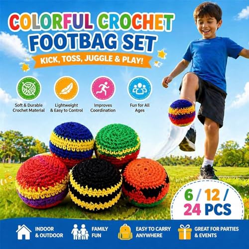 2027 Upgraded 6PCS Knitted Footbags, Crochet Kick Bags for Adults & Ks, Colorful Juggling Footbag for Outdoor Party Game, Handwoven Toss Pack