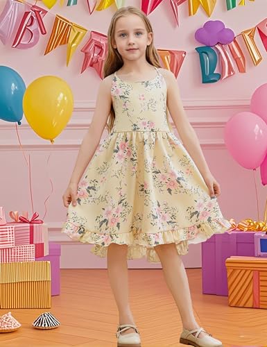 Girls Summer Floral Hi-Low Sleeveless Sundress with Straps,Vintage Boho Backless Party Dress3