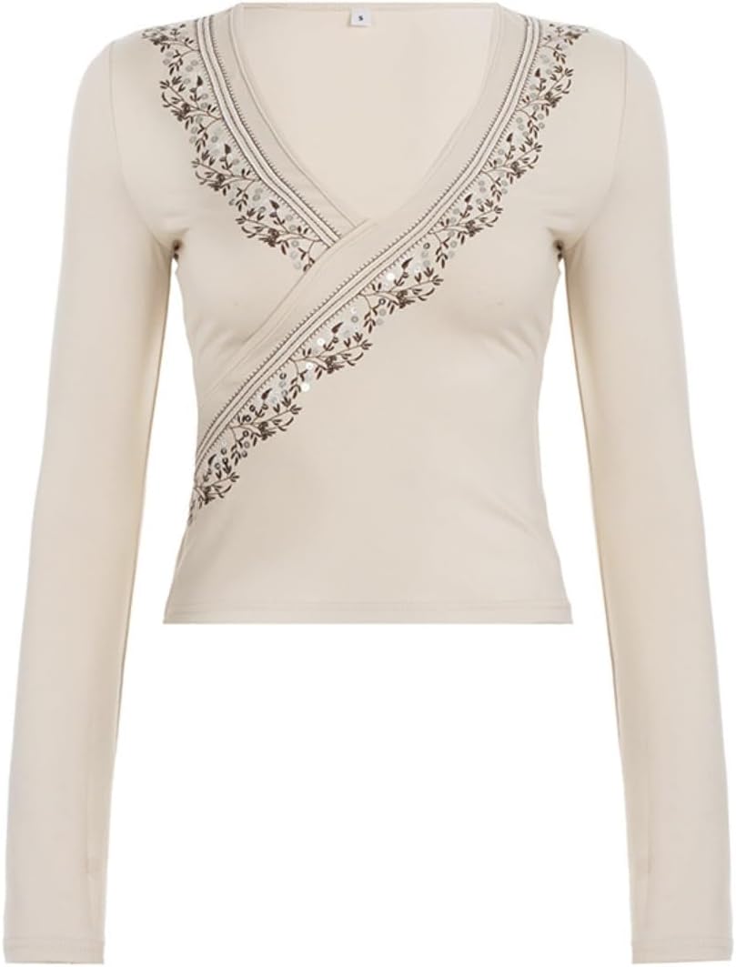 Y2k V Neck Floral Tops Women Fairy Grunge Vintage Long Sleeve Top 2000s Emo Graphic Cute Teen Girls Clothe - Image 4