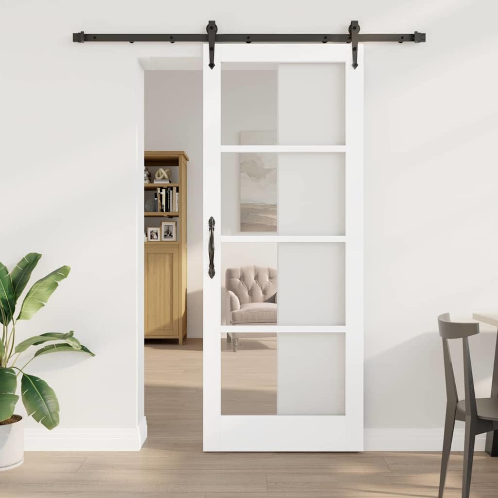 Puerta corredera blanca de madera maciza de pino y cristal, 83 x 211 cm, con marco y cerradura, deslizamiento silencioso, ahorro de espacio para vivienda, montaje incluido, ideal para