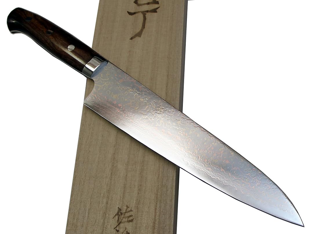 佐治武士 R2 ダイヤモンドフィニッシュ 牛刀 アイアンウッド 24cm Takeshi Saji R2钻石抛光大马士革TCW日本厨师用Sakimaru-Slicer