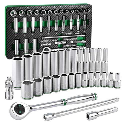 SK 1/4' Drive Socket Set with 160-P Ratchet, 30-Piece, Metric, SuperKrome Finish, Premium CR-V Construction, with EVA Foam Tool Organizer