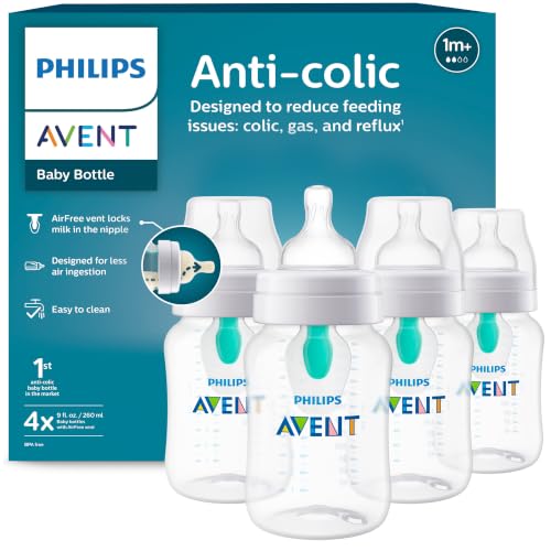 Image of Philips Avent Anti-Colic Baby Bottle with AirFree Vent, Medium Flow, 9 oz | For Ages 1 Month+, Reduces Colic, Gas & Reflux, Flow 2 Nipple with Secure Latch System, BPA-Free, 4-Pack, Clear, SCY703/04