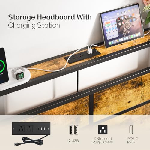 Image of Liians Full Size Bed Frame, Full Bed with Charging Station Headboard and LED Lights, Platform Bed with Metal Slats, No Box Spring Needed, Noise Free, Easy Assembly
