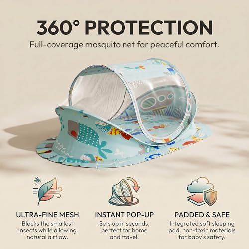 Image of StarAndDaisy Baby Mosquito net with Mattress for Baby, Portable Baby Lounger for Kids, Breathable mesh Mosquito Net. (Aqua Print)