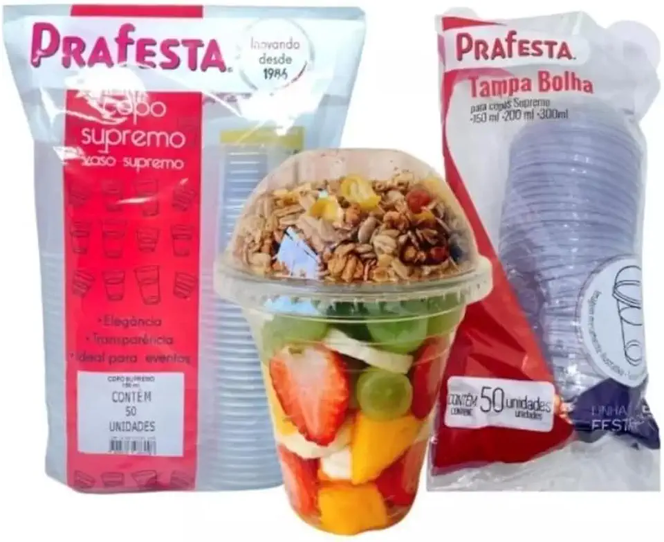 Copo Descartável Supremo Cristal 300ml + Tampa Bolha Sem Furo (Kit Copo da Felicidade) (40)
