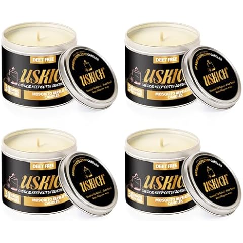 USKICH Mosquito Repellent Candle | Citronella Candle | DEET Free | Made with Plant Based Essential Oils and a Soy/Beeswax Blend for Outdoor, Camping | 30 Hours Burn Time | 6.4 oz | 4 Pack Cover