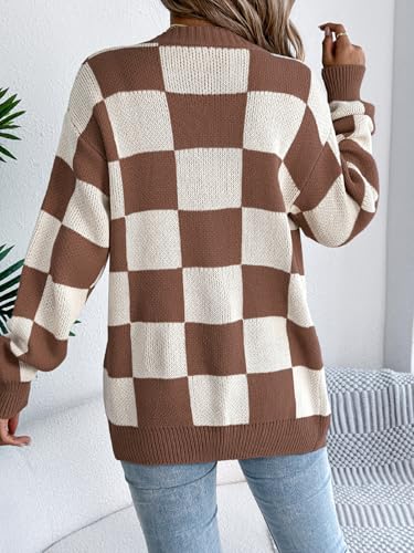 CORIRESHA Women's Contrast Checkerboard Front Placket Knitted Lantern Sleeves Casual Cardigan Mid-Length Coat3
