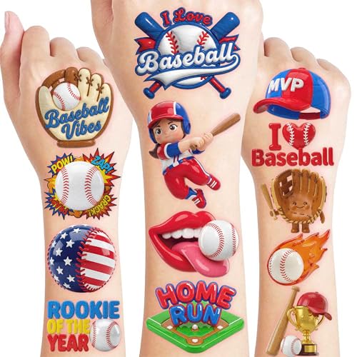 Image of Pre-cut Baseball Temporary Tattoos for Kid, 3D Kawaii Cartoon Sport Tattoos | 96 PCS Waterproof Fake Tattoos for Little League Team Spirit, Boys Girls Baseball Theme Party Favors Goodie Bag Fillers