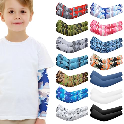 Cooraby - Cooraby Lot de 14 paires de manchons de bras de compression pour enfants - Protection solaire - Pour sports de plein air, Couleur camouflage, 11-14 ans