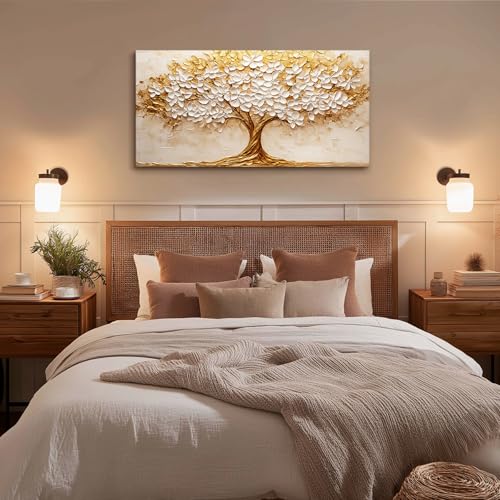 crmotu Tree of Life Large Wall Art, Blooming Flower Tree Art Prints, White Gold Abstract Landscape Paintings, Modern Trendy Home Wall Decor Living Room Bedroom Above Bed Canvas Pictures 24x48 Inch